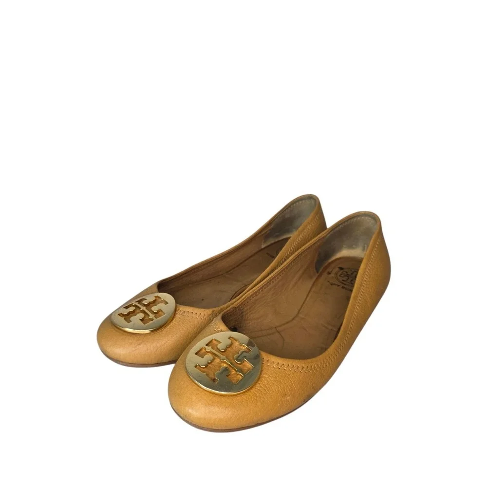 Tory Burch Reva Womens 7.5  Tan Pebbled Leather Gold Tone Logo Ballet Flats